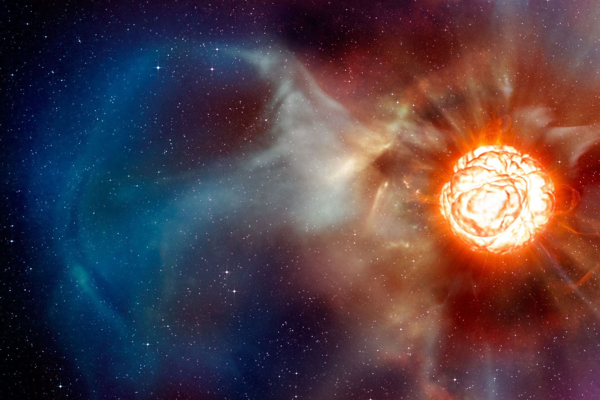 This artist’s impression shows the supergiant star Betelgeuse as it was revealed thanks to different state-of-the-art techniques on ESO’s Very Large Telescope (VLT), which allowed two independent teams of astronomers to obtain the sharpest ever views of the supergiant star Betelgeuse. They show that the star has a vast plume of gas almost as large as our Solar System and a gigantic bubble boiling on its surface. These discoveries provide important clues to help explain how these mammoths shed material at such a tremendous rate.